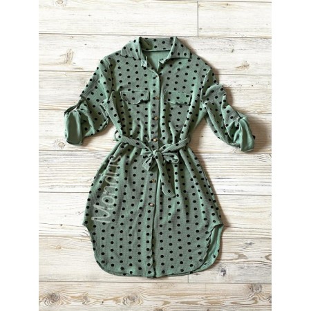 Rochie ieftina casual stil camasa verde cu puncte mari si cordon in talie